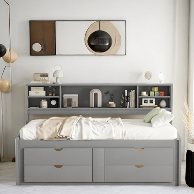Desman Wood Daybed with Storage Bookcase, Two Cabinets and Four Drawers