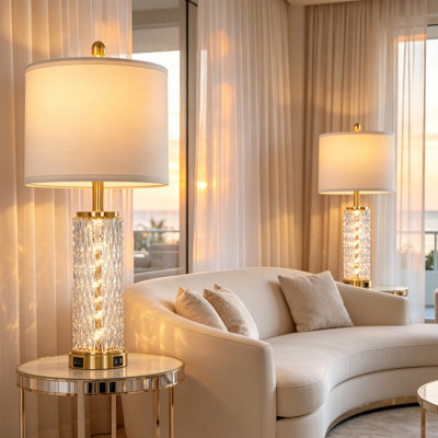 Lampe de chevet en cristal 27,5 po avec ports USB et ports Type-C, veilleuse intégrée