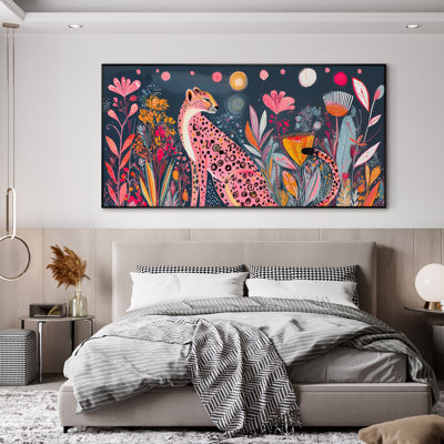 Extra Large Colorful Leopard in Floral Garden Wall Art Print - Playful Bohemian Jungle-Inspired Artwork Decor for Living Room or Bedroom, Frame Assembly Required (Frame Assembly Required)
