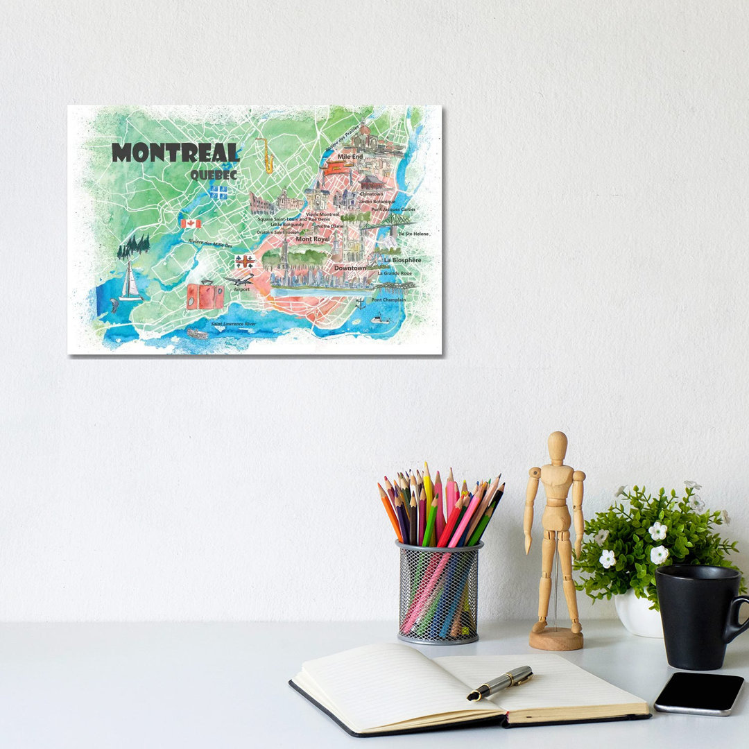 Montreal Quebec Canada Illustrated Map by Markus & Martina Bleichner - Painting on Canvas