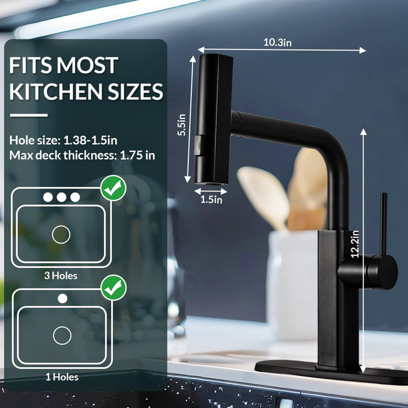Robinet de cuisine moderne en acier inoxydable avec douchette extractible 3 modes de débit, Noir mat