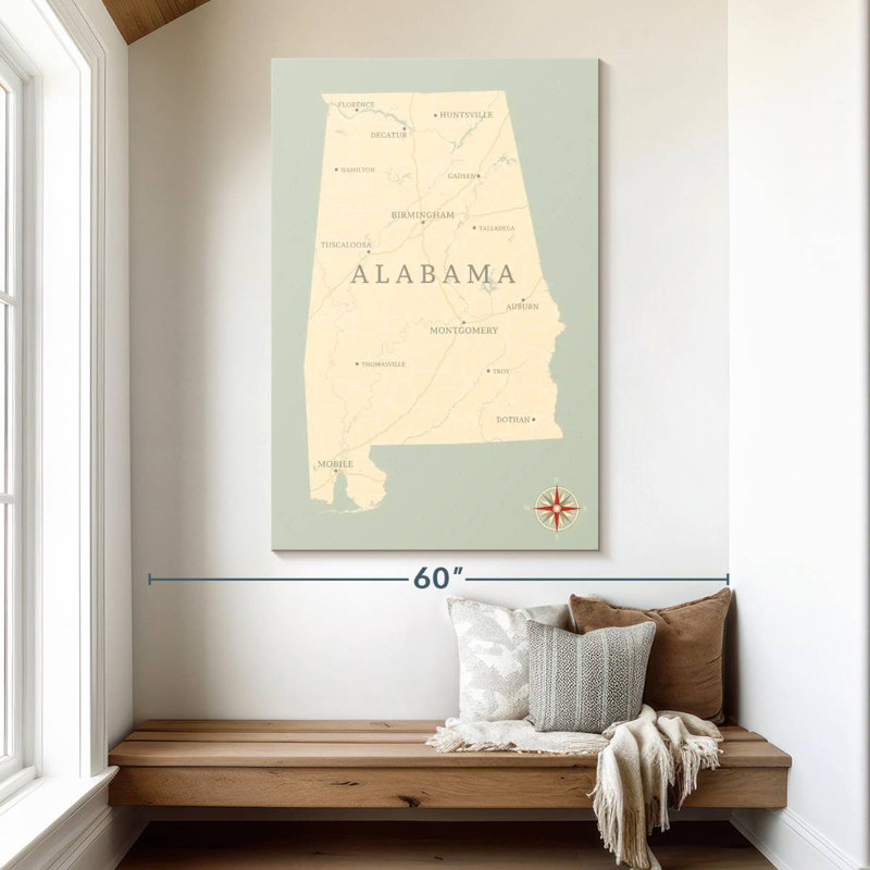 Aliaz Old Alabama Map, 51" H x 34" W