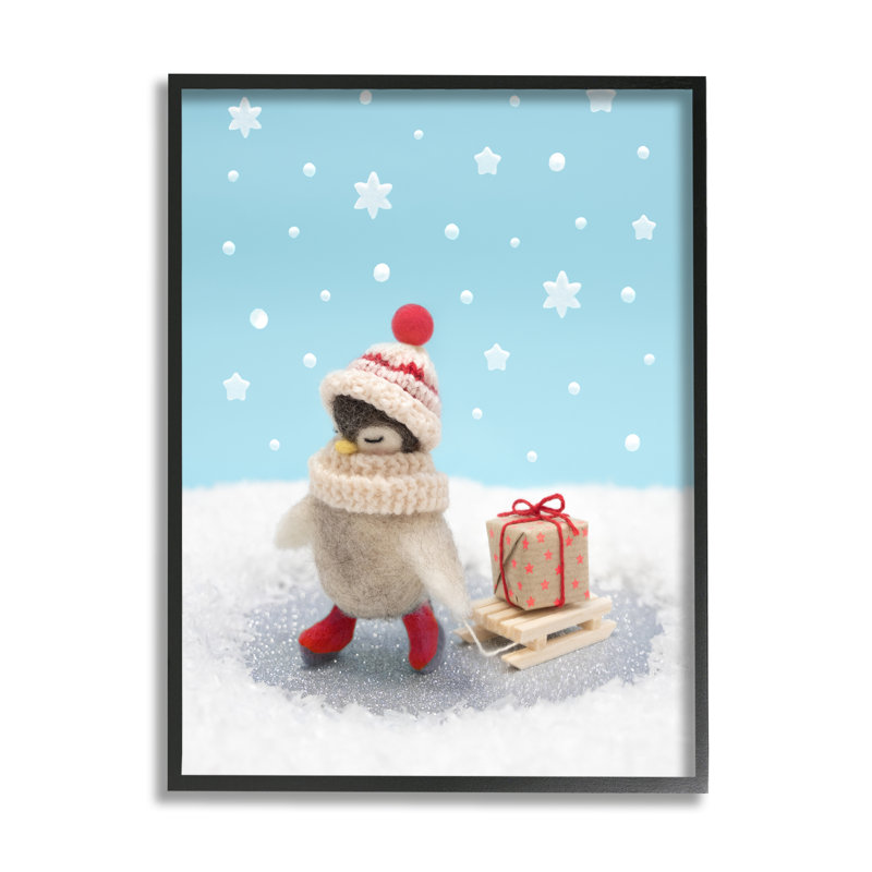 Photo de pingouin, cadeau de Noël encadré sur bois par Lemon & Sugar, H 20 po x l 16 po, Giclée encadrée noir minuit