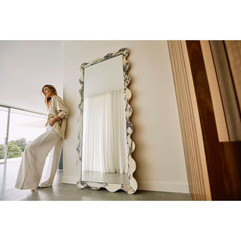 Deniz 35 in. x 79 in. Natural Stone Marble Scallop Framed Mirror