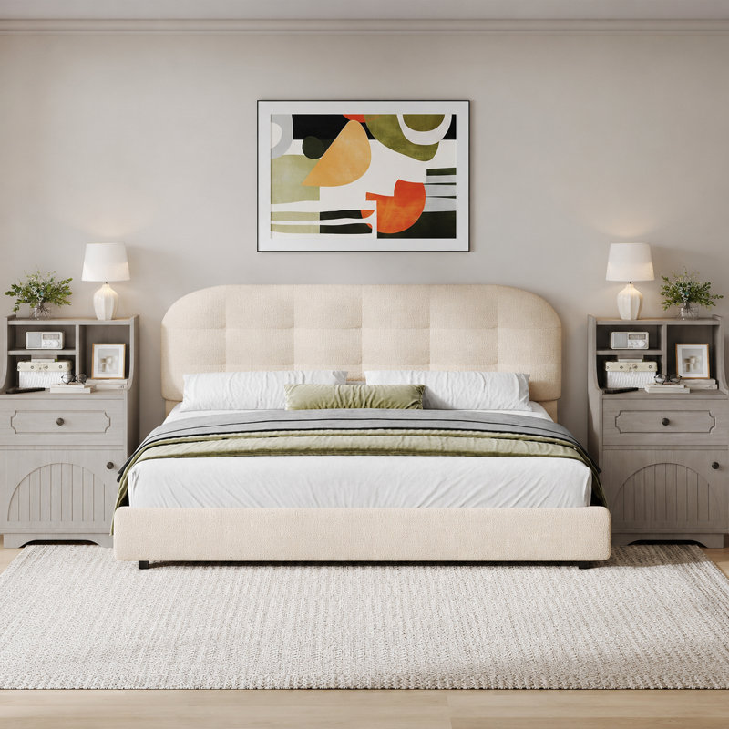 Ensemble de lit plateforme et de table de chevet avec tablettes Boucle, Beige/Grey, King