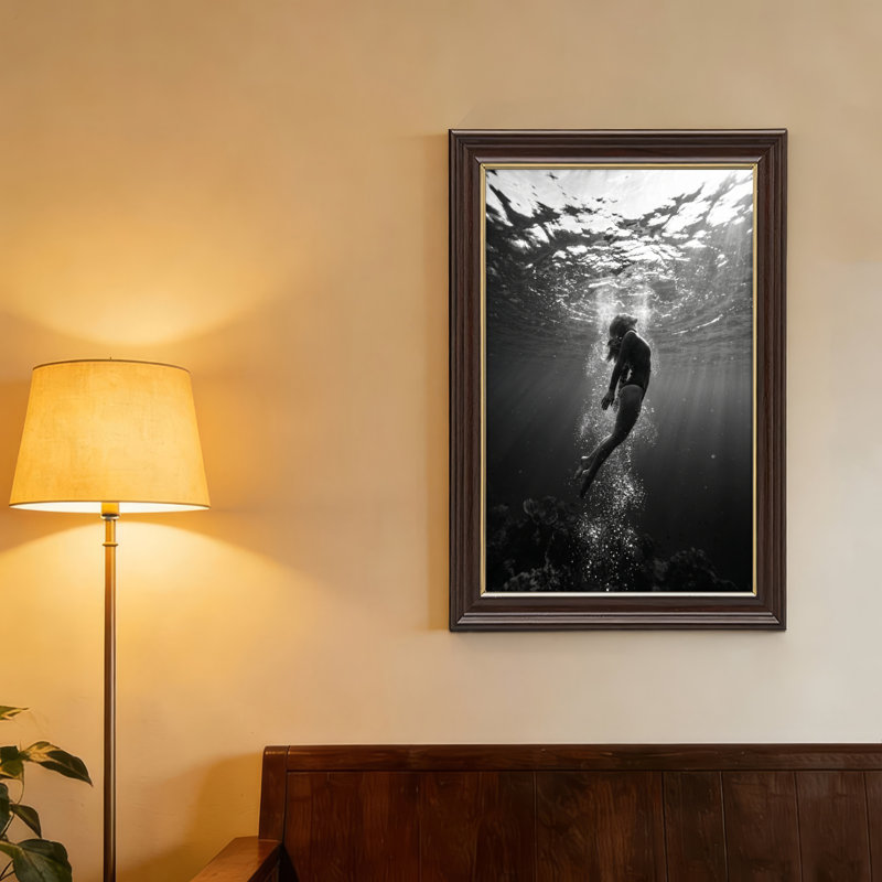 Natural Oak-Look Framed,Canvas Wall Art for Living Room, Bedroom, Office or Entryway – Decorative Wall Decor with Underwater Diver