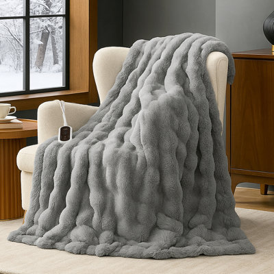 Heated Bubble Faux Fur Throw Blanket with 8 Smart Temperature Control