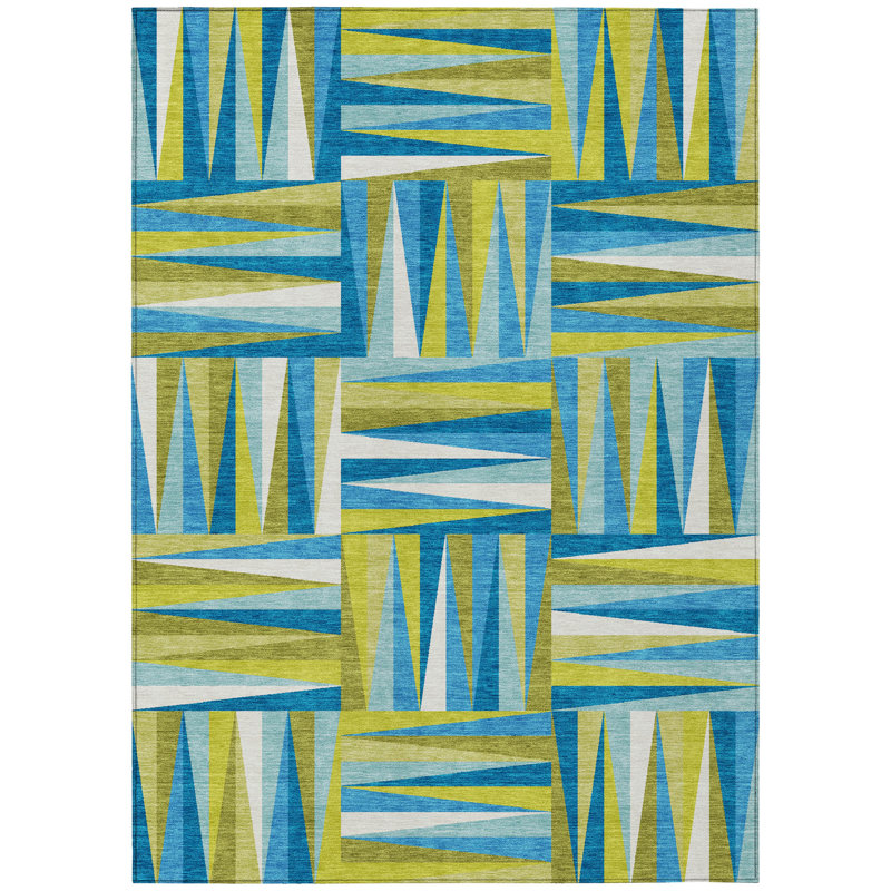 Teal and Green Geometric Washable Indoor/Outdoor Rug