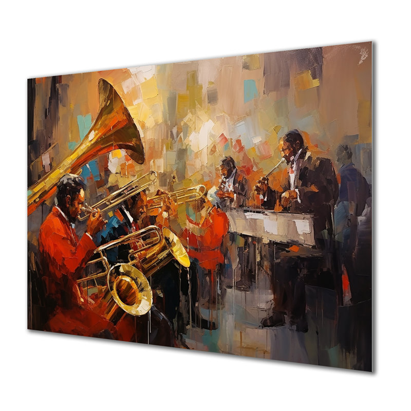 Brass Band Golden Tuba Orchester - Musician Wall Art, Toile avec cadre flottant brun, H 34 po x l 44 po x P 1,5 po