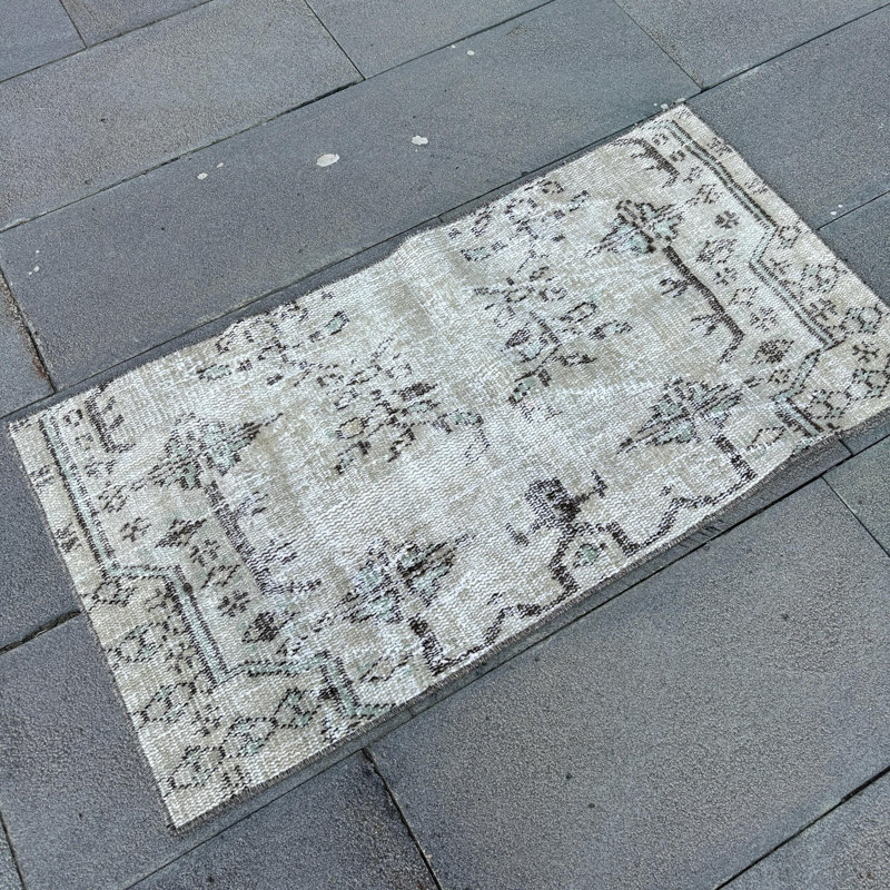 Vintage Turkish Anatolian Rug: Small Decorative Beige Door Mat Ideal for Entryway Decor