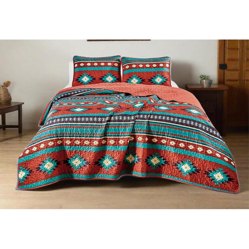  Lightweight Southwestern Geometric Tribal Aztec Quilt Set, Red/Teal/Beige, Full Quilt + 2 Standard Shams