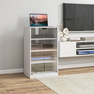 Media Cabinet, 4-Tier Stereo Cabinet, Modern Audio Video Media Stand With Adjustable Shelves, Tempered Glass Doors, And Cable Management