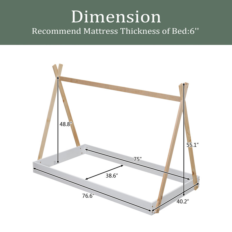 Lit simple de plancher de tente simple avec structure triangulaire, Blanc / Naturel
