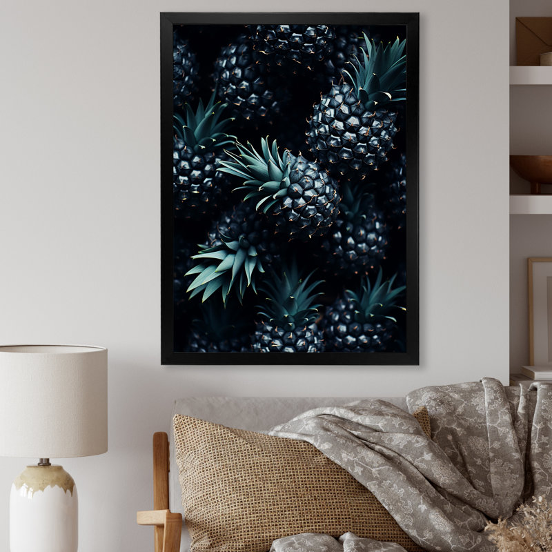 Ananas vert et noir - ananas, art mural, Cadre flottant brun, H 32 po x l 24 po x P 1 po