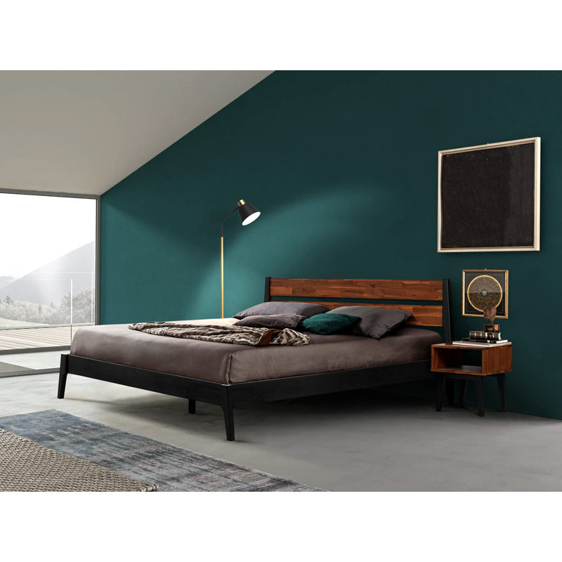 2-Pcs Bedroom Set – Solid Wood Platform Bed Frame & Matching Nightstand, Mid-Century Modern Scandinavian, 800 lbs Capacity, No Box Spring Needed