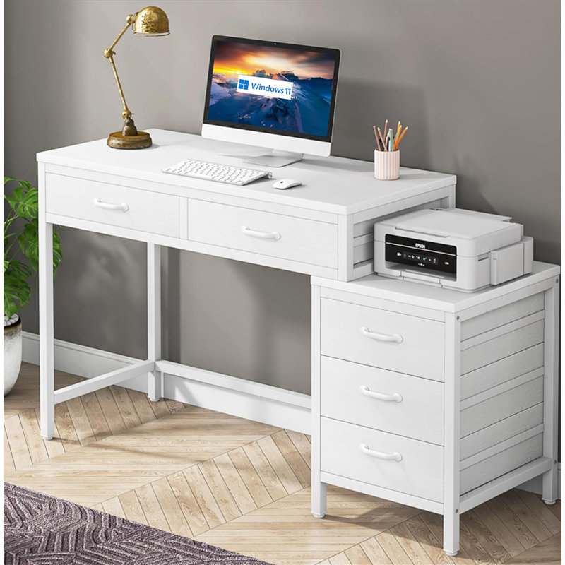 Bureau d'ordinateur 51 po réversible avec 5 tiroirs et classeur (sans la chaise), Blanc