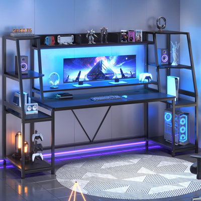 78.8" Gaming Desk with LED Lights, Hutch and Storage Shelves, Large Computer Desk with Monitor Stand, PC Gaming Workstation for Bedroom Living Room, Black