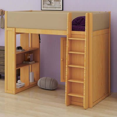 Lit mezzanine avec armoire intégrée, tiroirs, étagères et éclairage d'ambiance pour un rangement durable