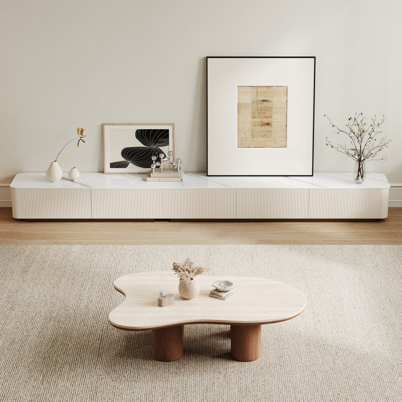 Ensemble de table de salon moderne, meuble télé cannelé 118 po et table basse irrégulière 48,4 po, console média en pierre et table basse Cloud avec base en bois, ensemble de meubles 2 pièces