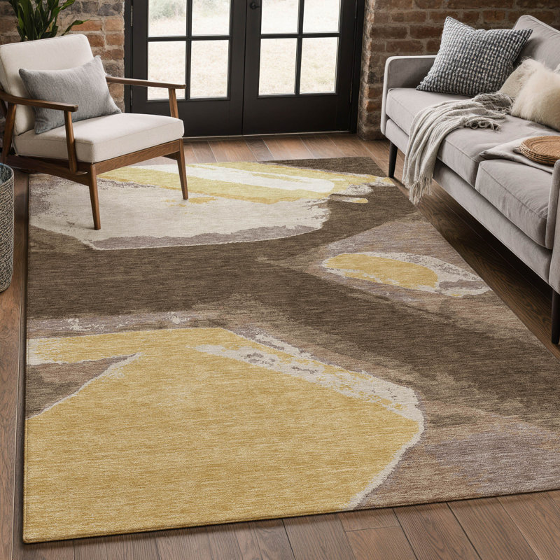Tapis abstrait lavable à la machine intérieur / extérieur ACN2571, Chocolat, 10 pi x 14 pi