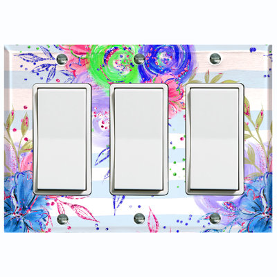 Colorful Flowers Light Blue Stripe Landscape & Nature 3 - Gang Rocker Standard Wall Plate