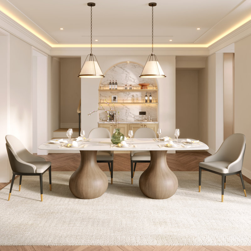 Grande table de salle à manger, 9 pièces : table, 8 chaises, Dessus ambré / base brune / chaises orange