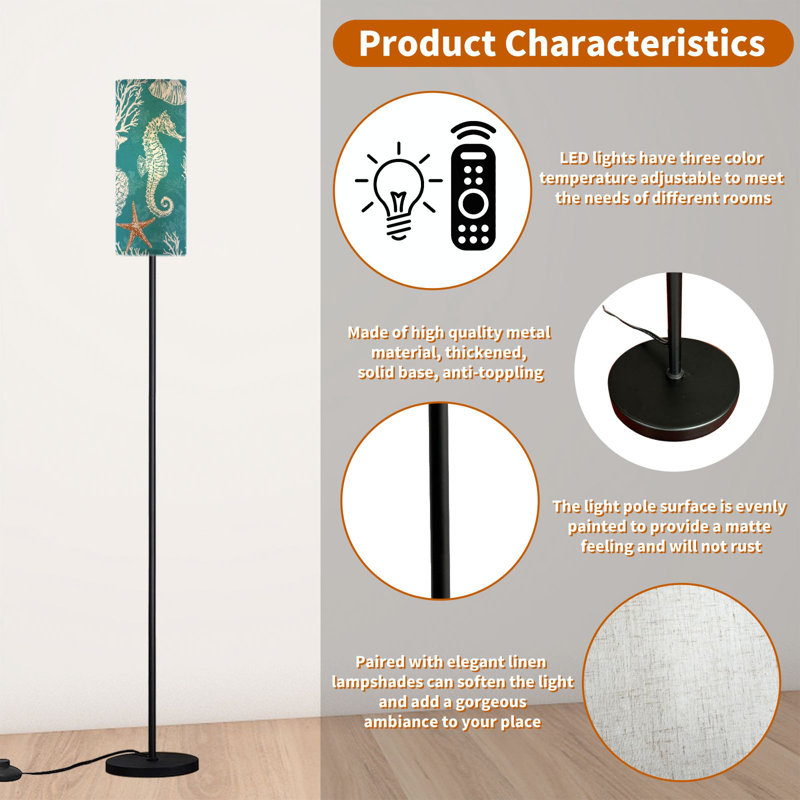  68.5" Standing Floor Lamp Marine hand drawn sea shells stars seahorse coral for textiles Dimmable Metal Pole Lamp with Linen Lampshade LED Bulb Included