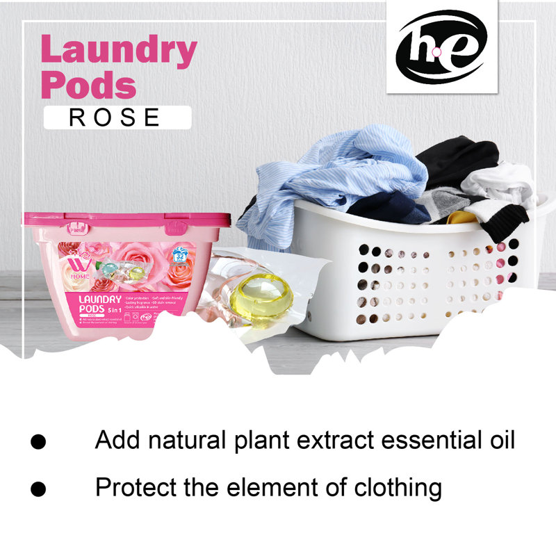 3-in-1 W Home Laundry Pods, 32 Count Box, High Efficiency (HE), Fabric Softener With Rose Extracts