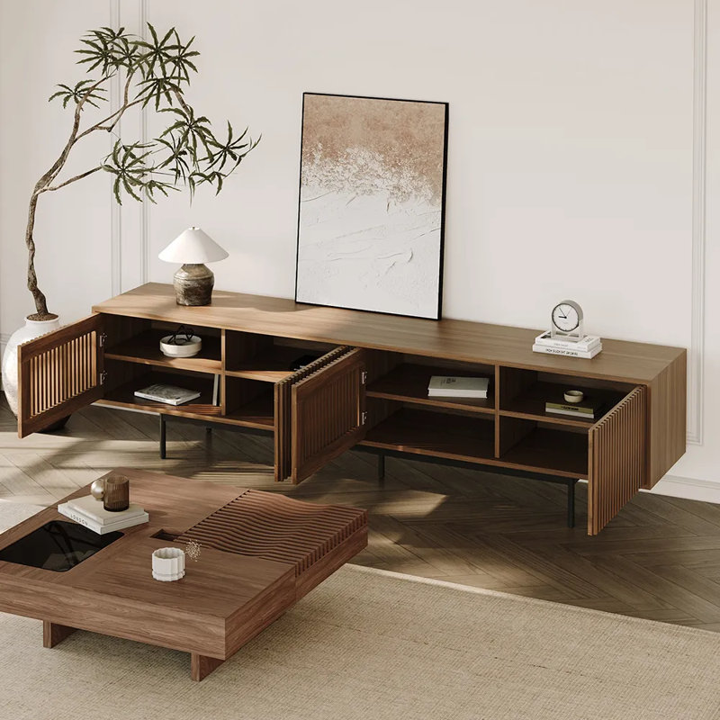 Mid-Century Modern TV Stand, 21.26" H x 95" W x 18.89" D, Walnut