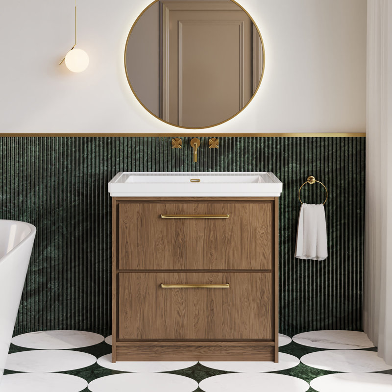 Hudson Reed Lille 600mm Graphite Grey Woodgrain 2 Drawer  Floor Standing Vanity Unit With Fireclay Basin, Antique Oak, 83cm W