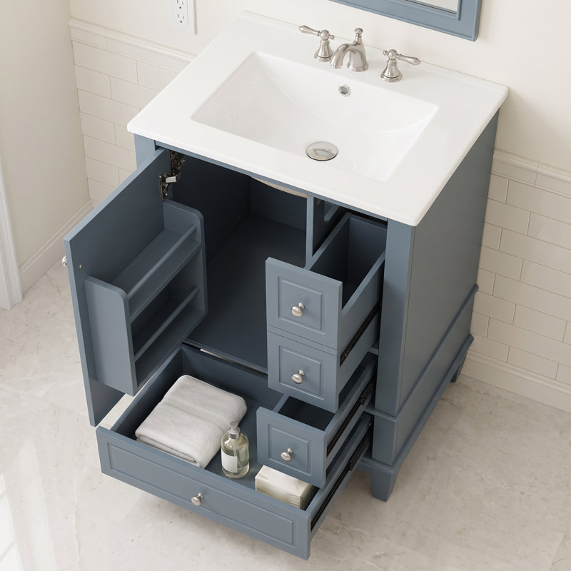 Meuble-lavabo autoportant 24 po en bois massif et panneau de fibres à densité moyenne bleu gris avec lavabo et rangement en céramique