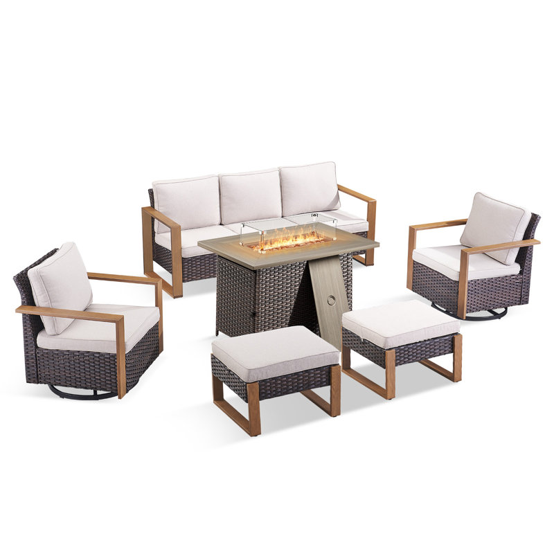 Aldiana 6-Piece Outdoor Conversation Set With Swivel Gliders And Fire Pit Table, 5-Person Wicker Patio Seating With Sofa & Ottomans