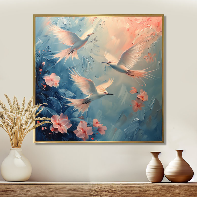 Blanc et rose, Paradise Cove Doves I - oiseau, art mural, Toile avec cadre flottant or, H 30 po x l 30 po x P 1 po