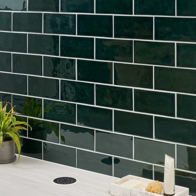 Nabi Subway 4.5x9 Subway Polished Glass Tile, Midnight Blue Green