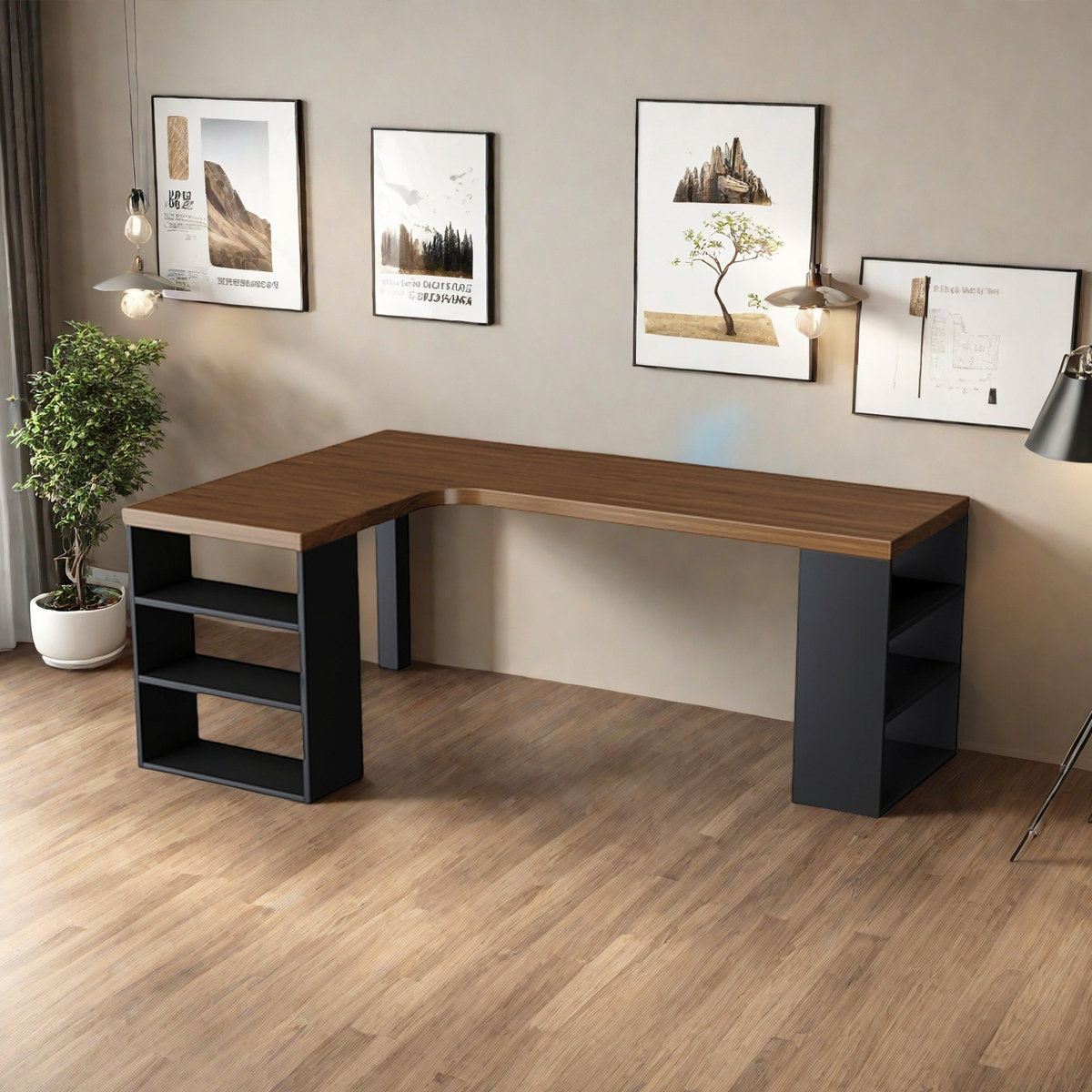 HOBULT All-Solid-Wood L-Shaped Desk with Bookcase | Wayfair