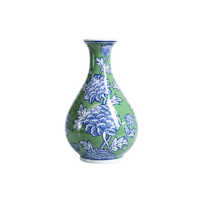 Sage Green & Cobalt Blue Porcelain Vase, Hand-Painted Floral Ceramic Accent for Mantel, Entryway & Bookshelf