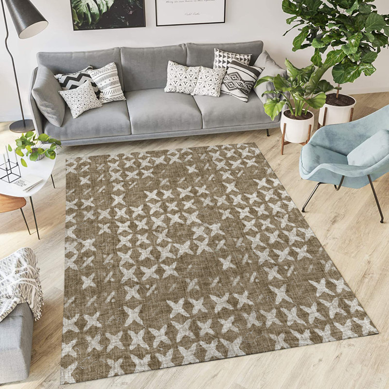 Tapis intérieur / extérieur en polyester tissé à la machine rectangle beige / gris, Rectangle 5 pi x 7 pi