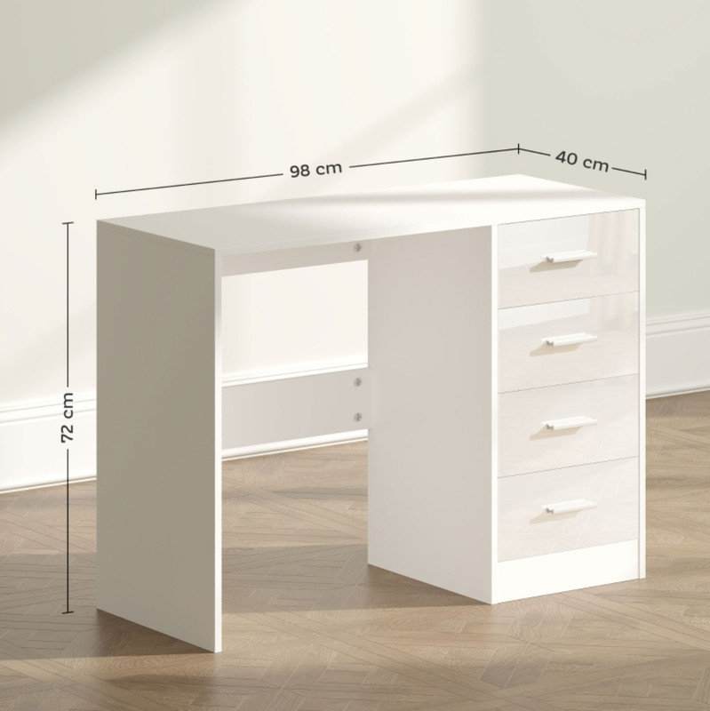 Multi-functional White High Gloss Dressing Table, Home Office Writing Workstation with 4 Storage Drawers