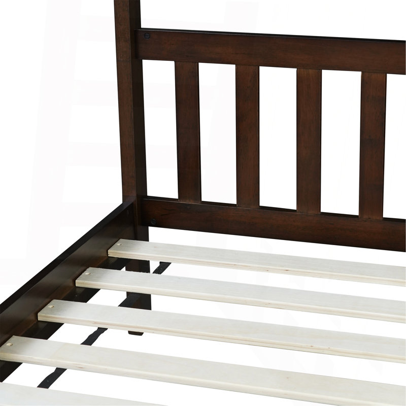Lit simple avec tête et pied de lit, lit simple en bois d'hévéa avec cadre de maison, Espresso