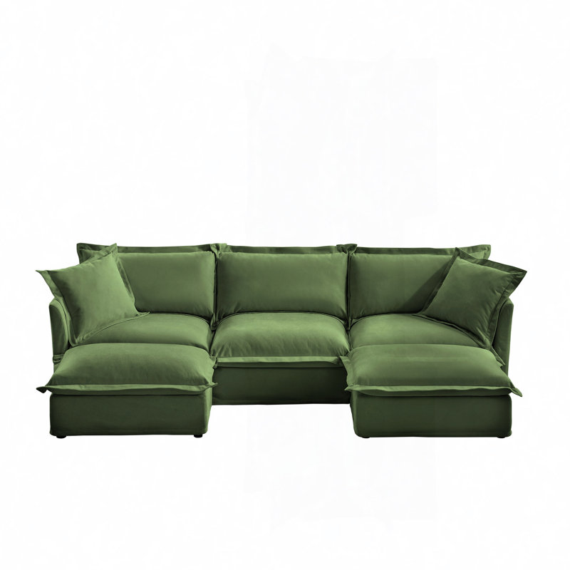 Evelyn U-Shaped Sectional Sofa with 2 Ottomans, 34.6" H x 120" W x 55" D,, Green Chenille