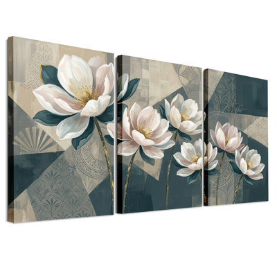 Ensemble de 3 toiles murales blanches avec tiges dorées sur fond sarcelle et beige
