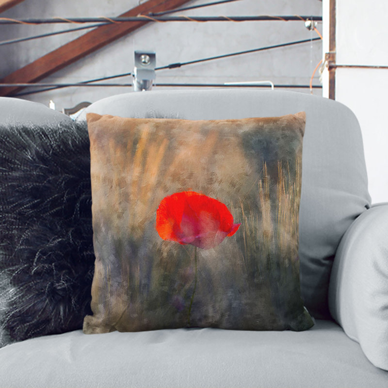 Poppy Flower Painting Cushion with Filling, Black, 55cm H x 55cm W x 20cm D