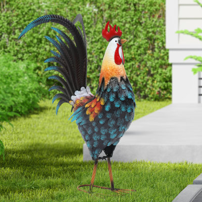 32"H Oversized Metal Rooster Garden Statue with Ground Stake