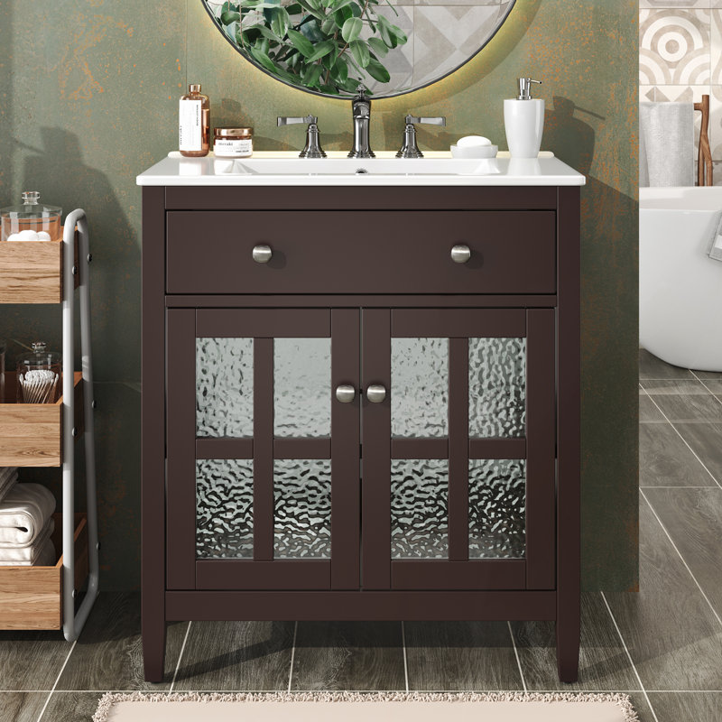 Meuble-lavabo de 30 pouces avec lavabo en céramique, tablette réglable, plateau basculant, pieds en bois massif et charnières à fermeture douce en brun foncé