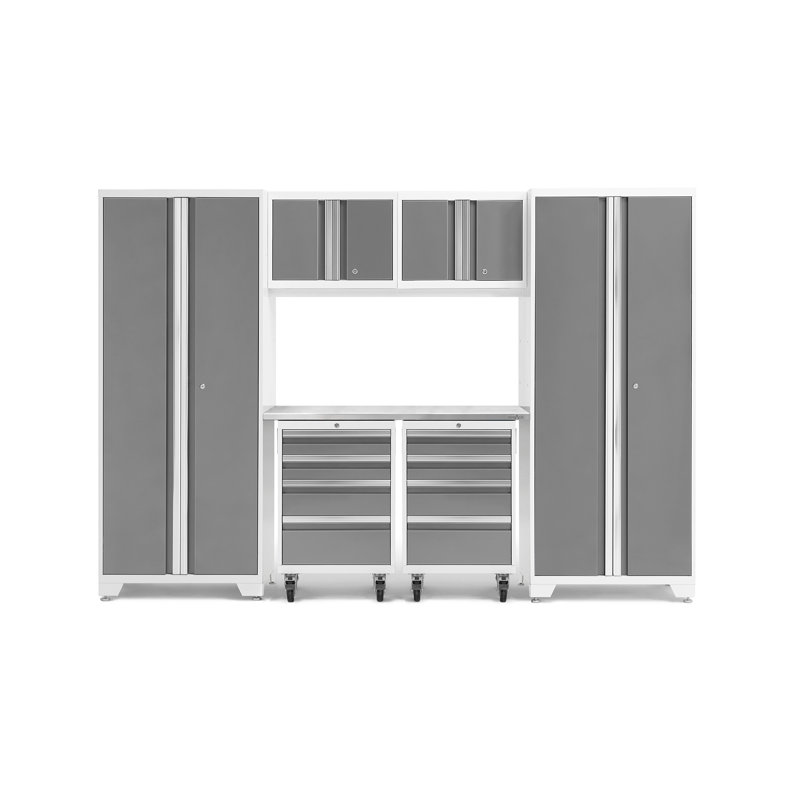 Ensemble de 7 armoires de rangement en acier pour garage, Gris clair