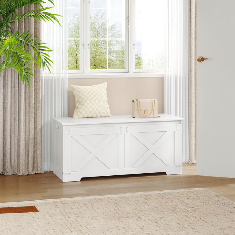 Coffre de rangement 42,9 po, grand coffre de rangement avec 2 charnières, banc en bois de style campagnard, coffre de rangement relevable, coffre d'entrée pour chambre à coucher, salon, blanc
