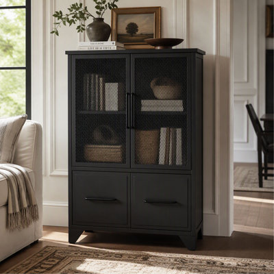 Storage Cabinet with 4 Iron Doors and Adjustable Shelf, Metal Frame and Legs for Living Room