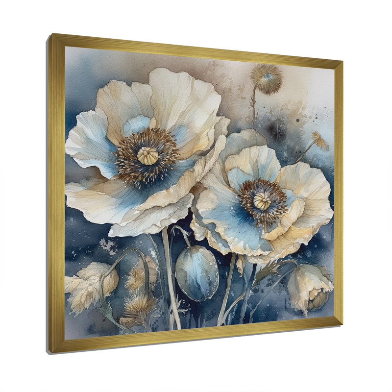 «Blue Poppy Serenity I», reproduction sur toile, Cadre doré simple, H 36 po x l 36 po x P 1,5 po