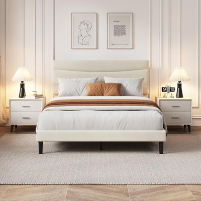 Structure de lit plateforme tapissier avec tête de lit, panneau de fibres à densité moyenne et support à lattes en bois, silencieux, facile à assembler, aucun sommier tapissier, blanc beige, noir, rose, disponible en simple TG, double, grand, très grand