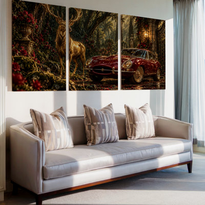 Ensemble de 3 grandes décorations d'art sur toile, cerf doré et voiture rétro rouge, toile décorative pour salon, chambre à coucher et bureau